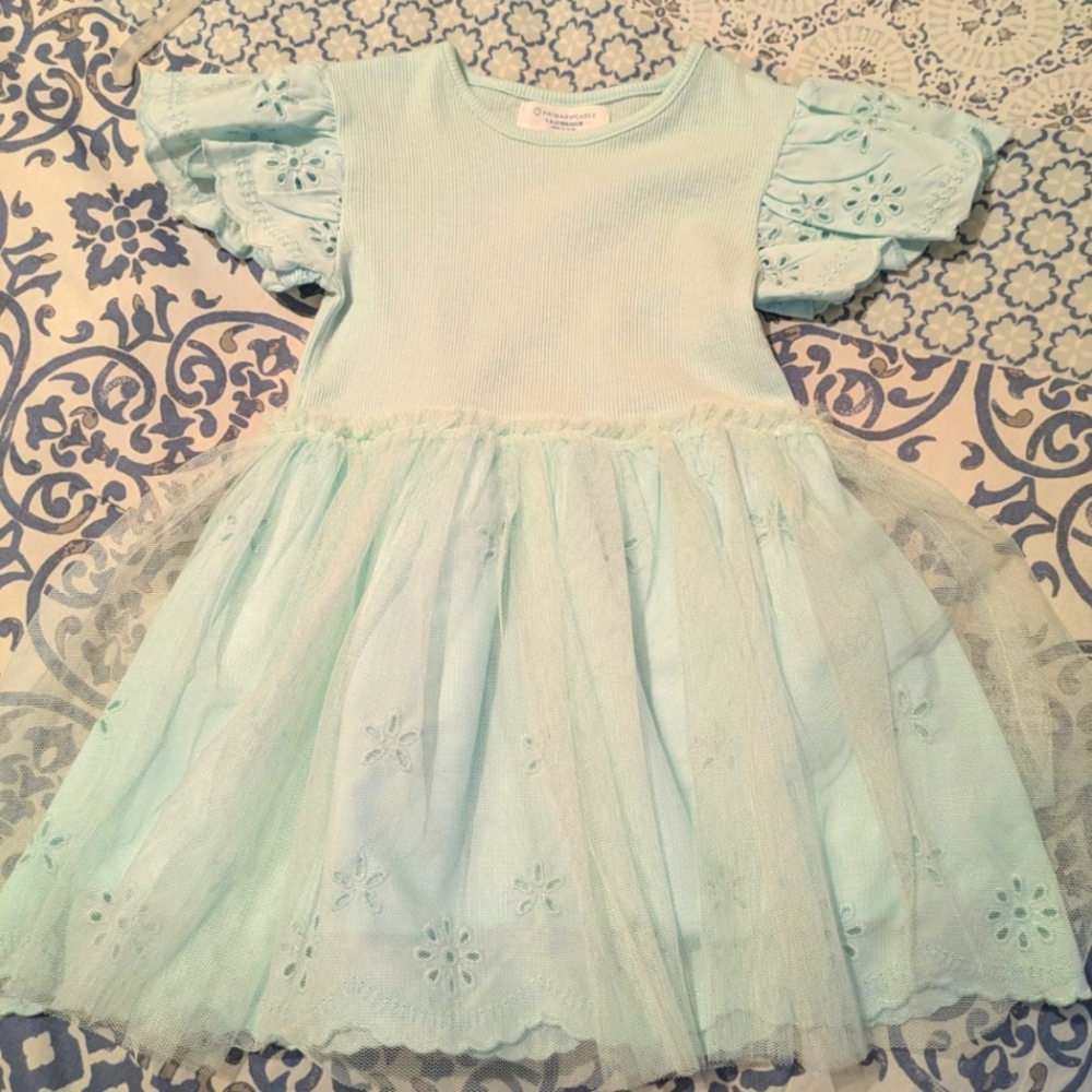 Primark Cares Green Pastel Lining Floral Eyelet Fabric Tulle Cap Sleeve Dress 2Y